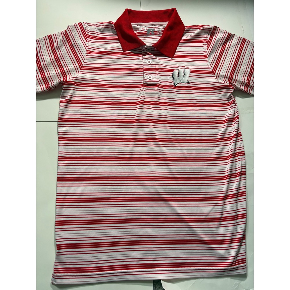 Russell Athletic Wisconsin Badgers Polo Shirt Mens Medium Red White Striped NCAA